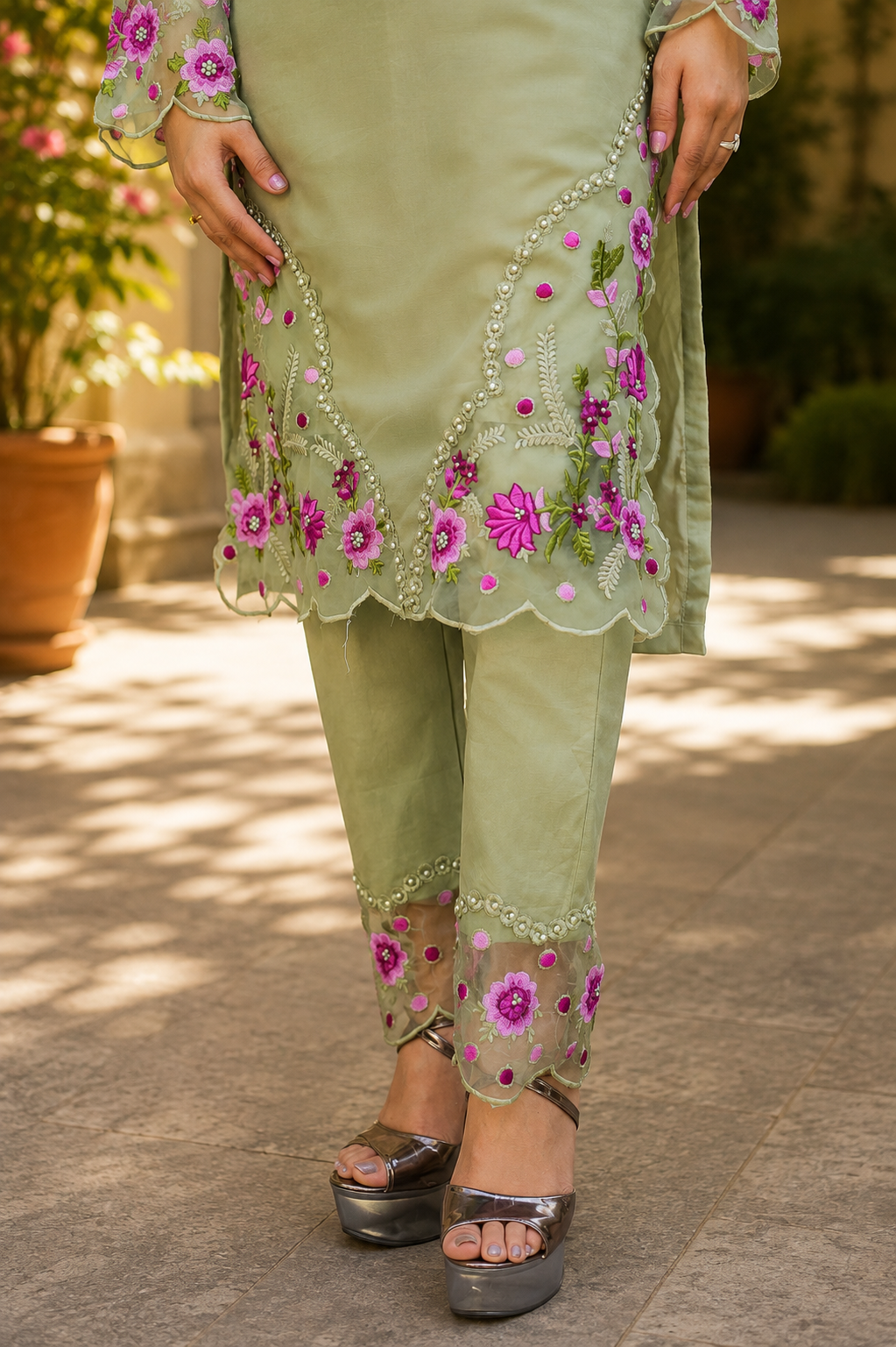 Zahra-E-Noor - Olive Rose Embroidered Suit Set