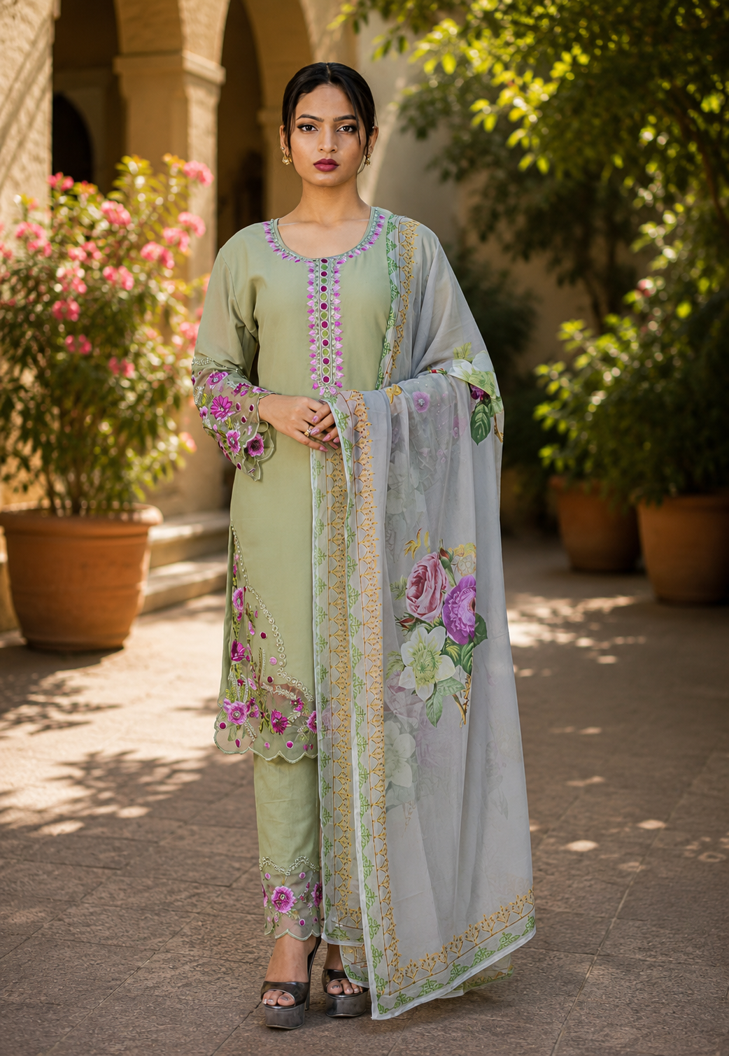 Zahra-E-Noor - Olive Rose Embroidered Suit Set