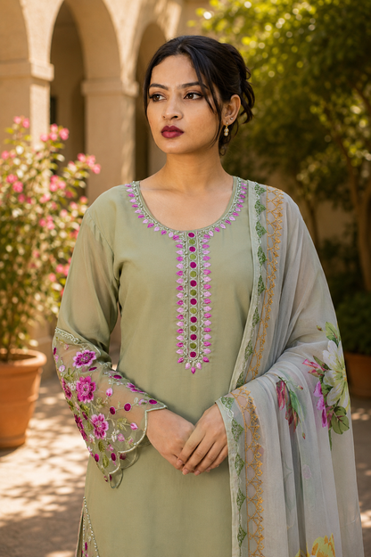 Zahra-E-Noor - Olive Rose Embroidered Suit Set