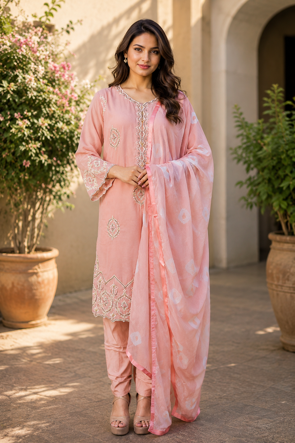 Zahra-E-Noor - Dusty Pink Embroidered Suit with Polka Print Dupatta