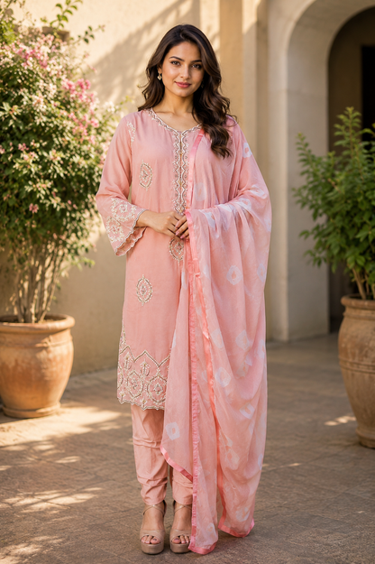 Zahra-E-Noor - Dusty Pink Embroidered Suit with Polka Print Dupatta