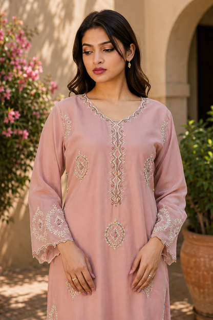 Zahra-E-Noor - Dusty Pink Embroidered Suit with Polka Print Dupatta