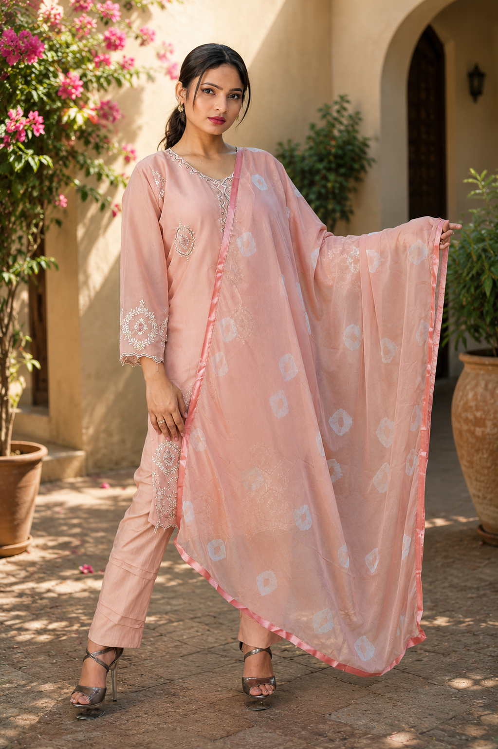 Zahra-E-Noor - Dusty Pink Embroidered Suit with Polka Print Dupatta