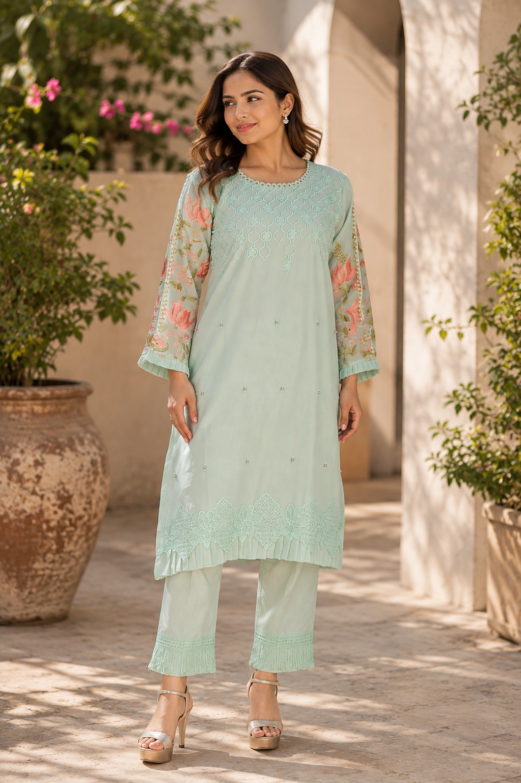 Zahra-E-Noor - Sage Green Collar Suit