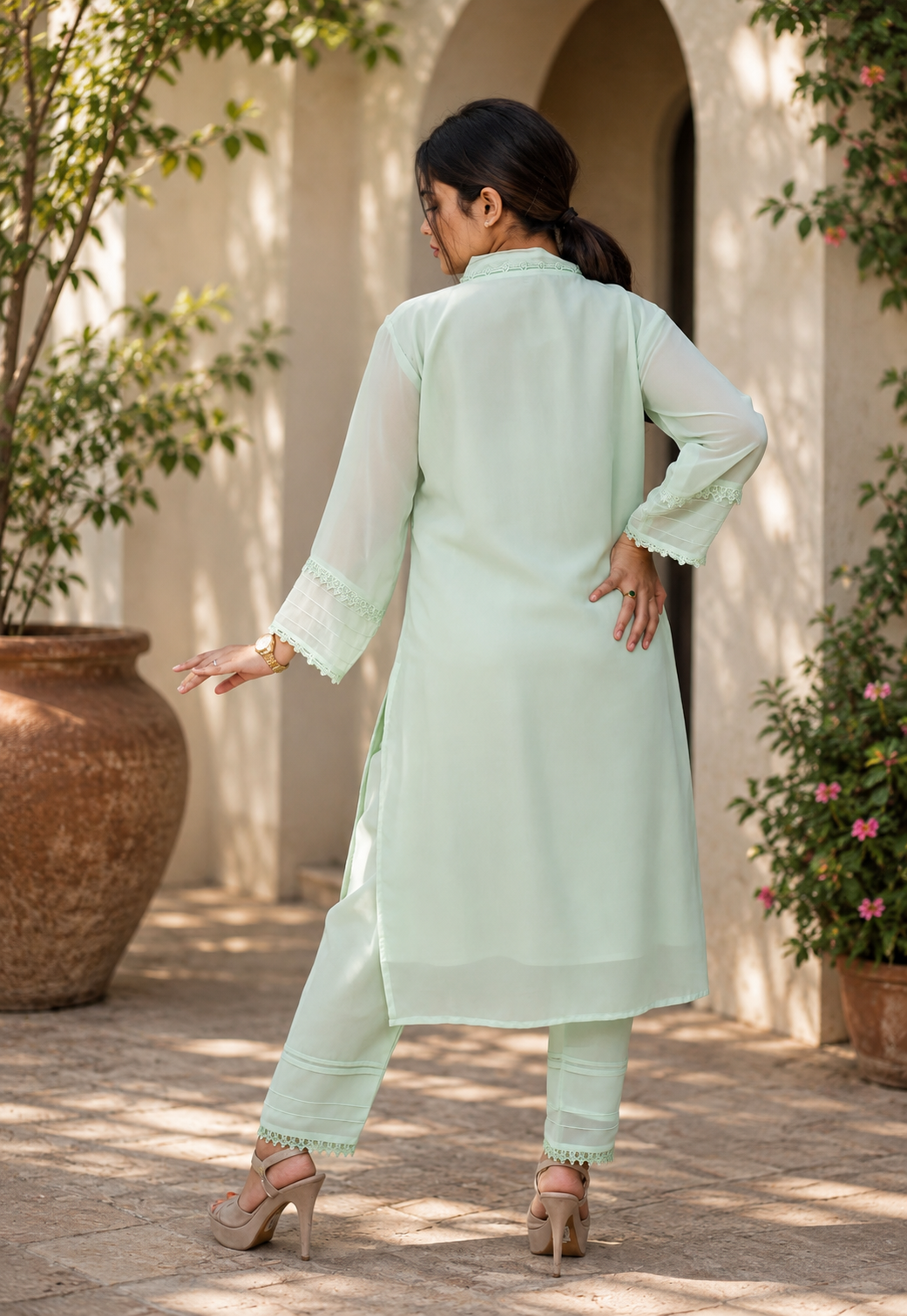 Zahra-E-Noor - Sage Green Collar Suit
