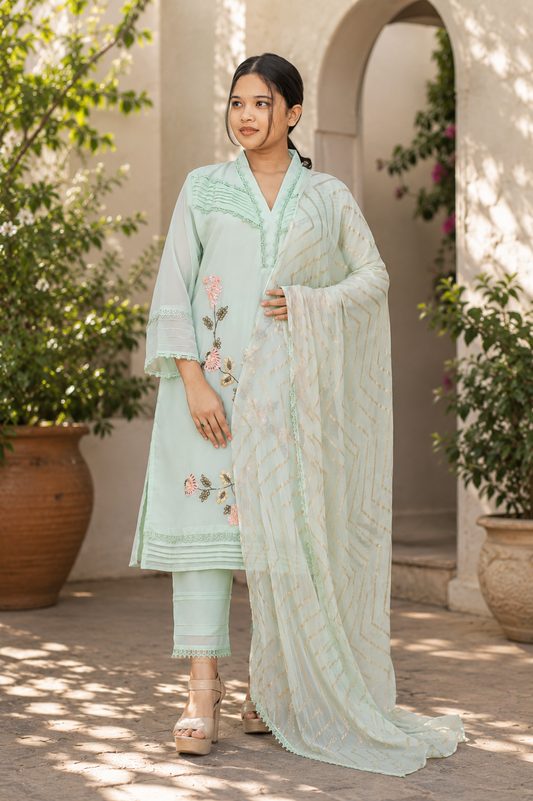 Zahra-E-Noor - Sage Green Collar Suit