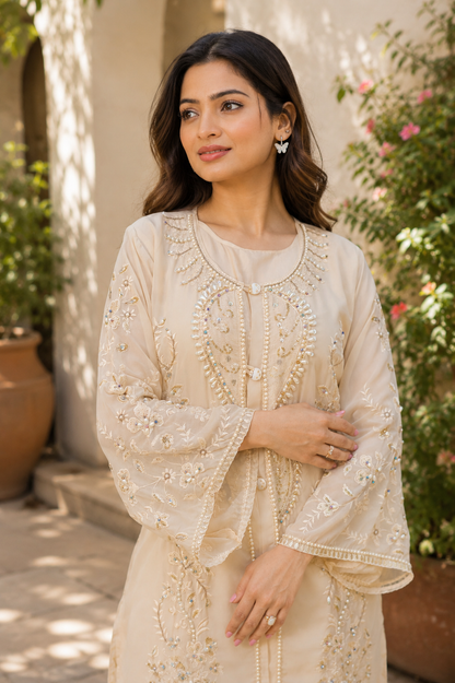 Zahra-E-Noor - Ivory Rose Vine Embroidered Suit