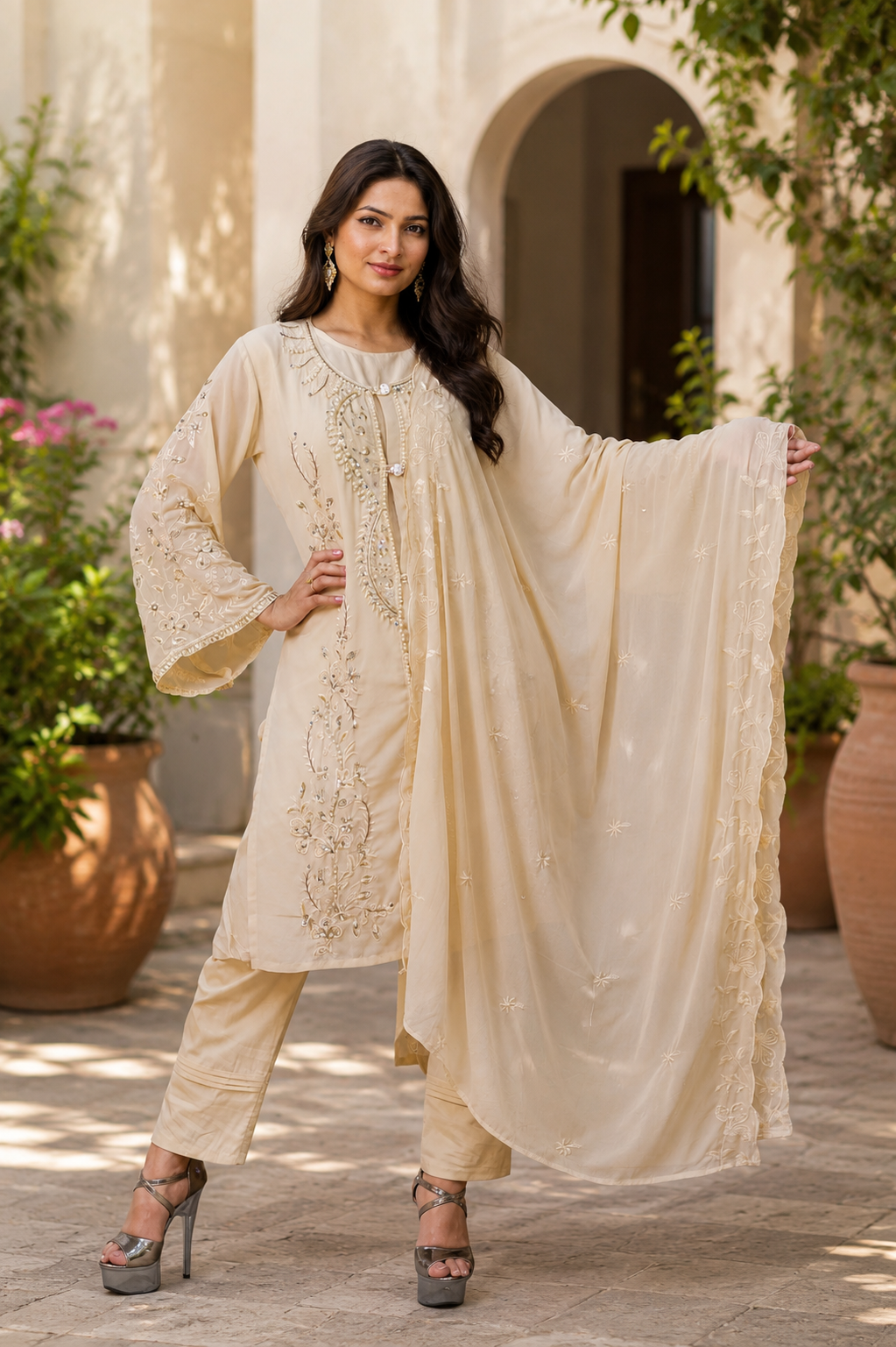 Zahra-E-Noor - Ivory Rose Vine Embroidered Suit