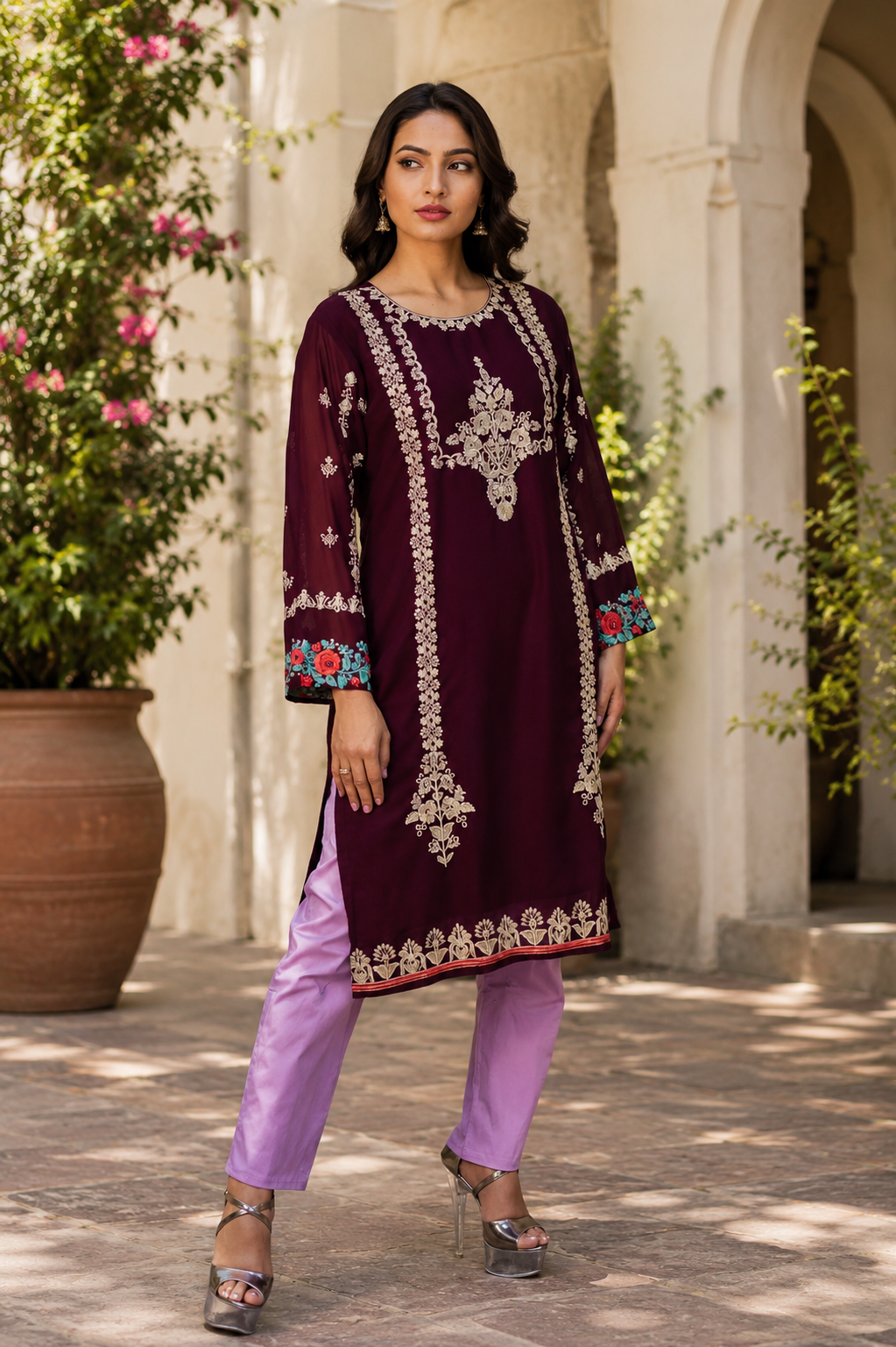 Zahra-E-Noor - Wine Lattice Embroidered Suit