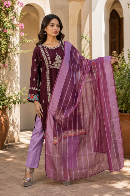 Zahra-E-Noor - Wine Lattice Embroidered Suit
