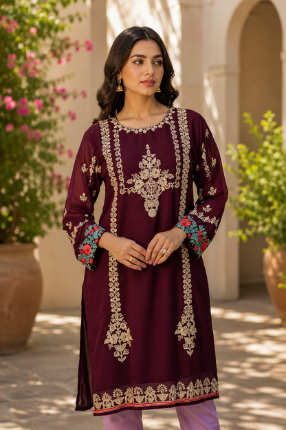 Zahra-E-Noor - Wine Lattice Embroidered Suit