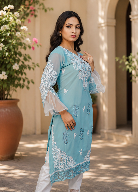 Zahra-E-Noor - Ice Blue Cutwork Lattice Pakistani Suit