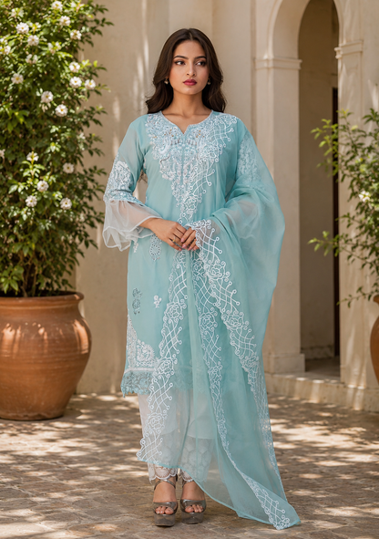 Zahra-E-Noor - Ice Blue Cutwork Lattice Pakistani Suit