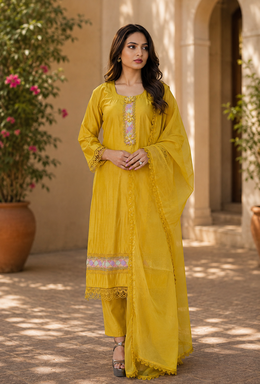 Zahra-E-Noor - Mustard Patchwork Embroidered Suit