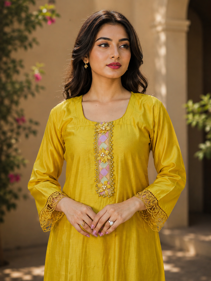 Zahra-E-Noor - Mustard Patchwork Embroidered Suit