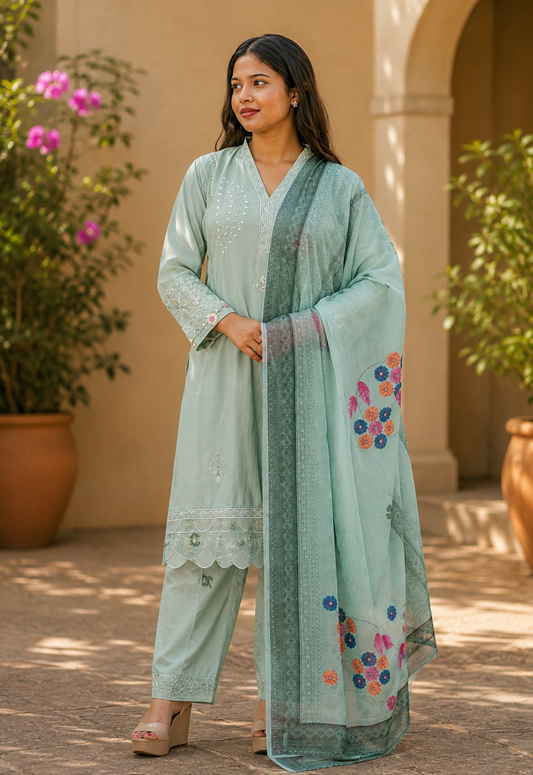 Zahra-E-Noor - Sage Green Suit with Floral Watercolor Dupatta