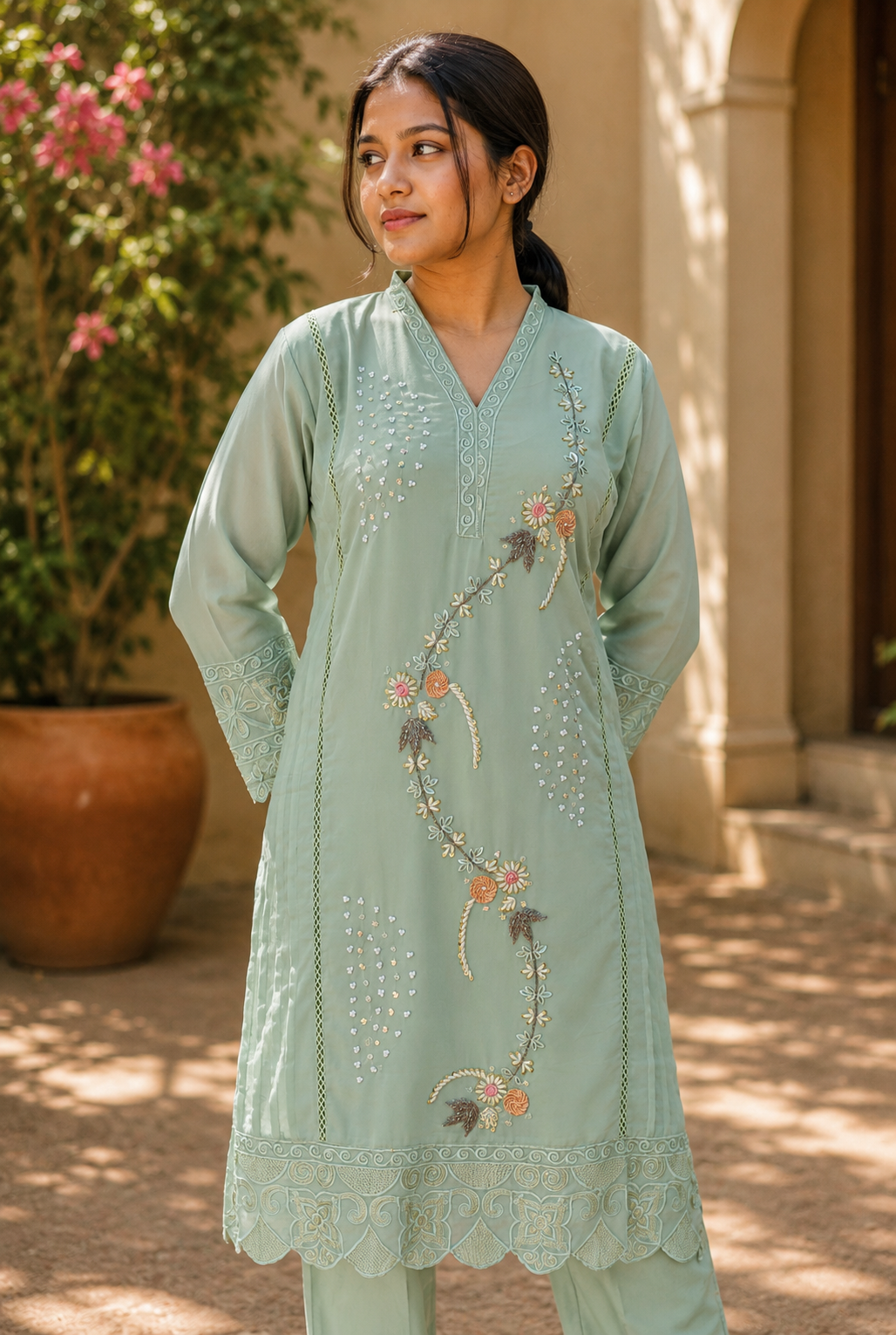 Zahra-E-Noor - Sage Green Suit with Floral Watercolor Dupatta