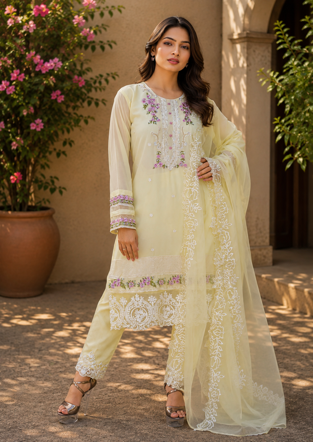 Zahra-E-Noor - Pale Yellow Embroidered Suit with Lace Dupatta