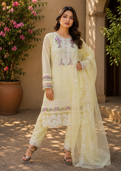 Zahra-E-Noor - Pale Yellow Embroidered Suit with Lace Dupatta