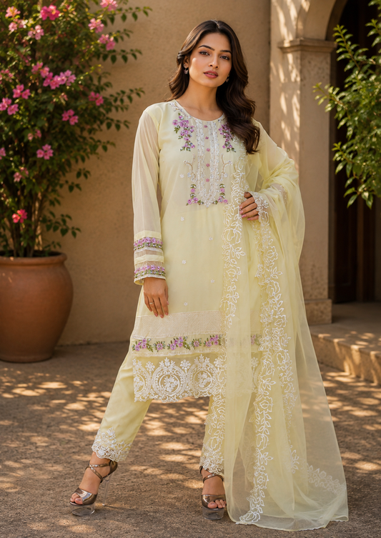 Zahra-E-Noor - Pale Yellow Embroidered Suit with Lace Dupatta