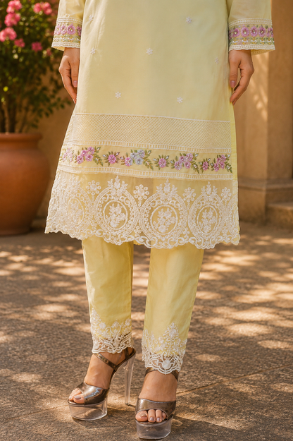 Zahra-E-Noor - Pale Yellow Embroidered Suit with Lace Dupatta