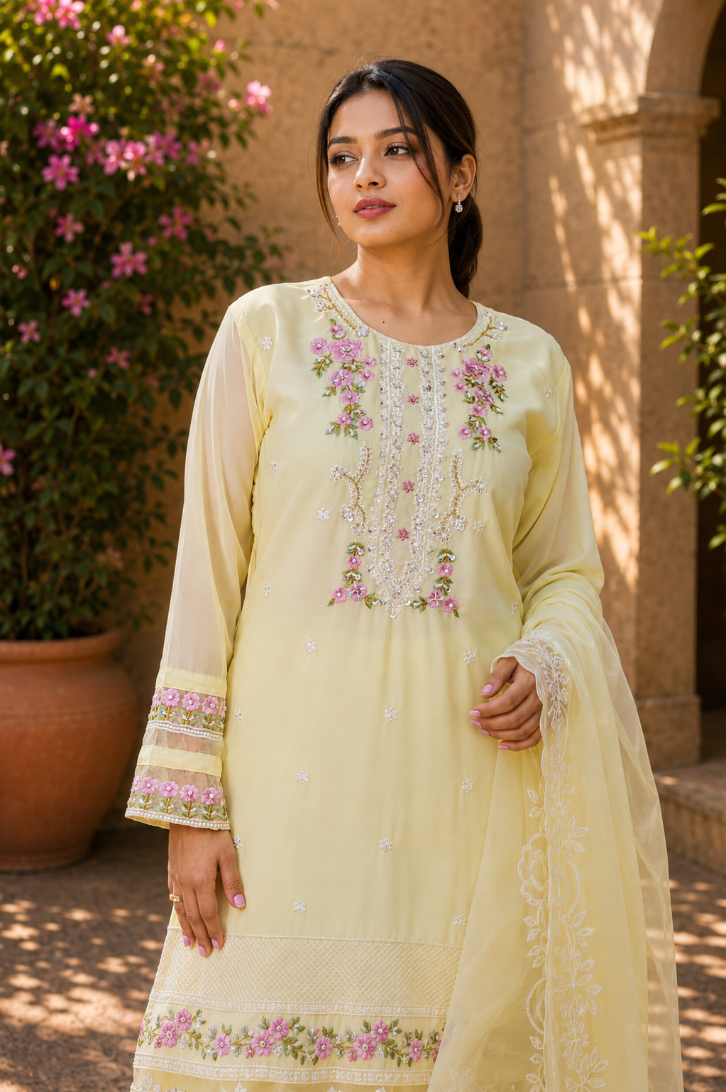 Zahra-E-Noor - Pale Yellow Embroidered Suit with Lace Dupatta