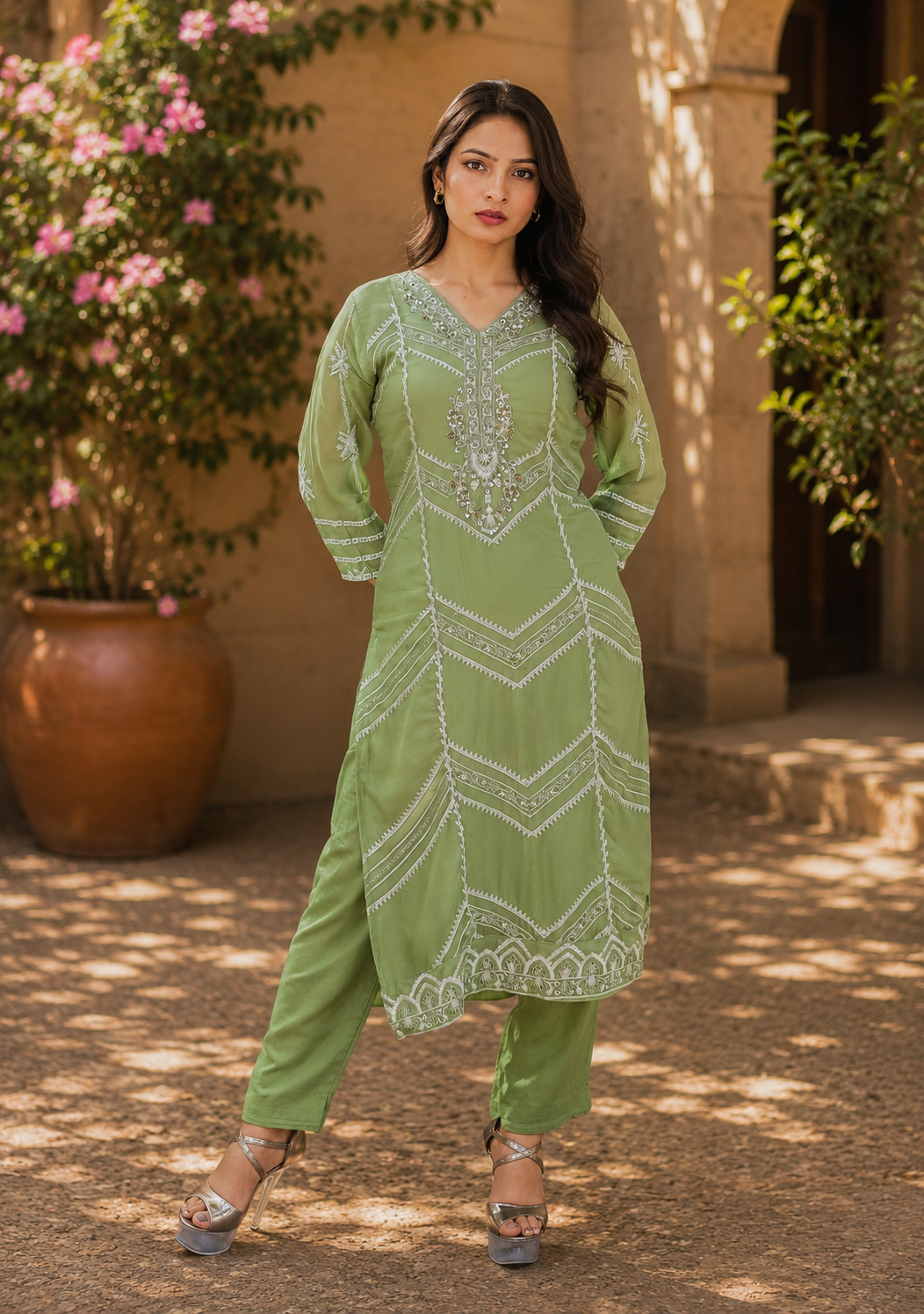 Zahra-E-Noor - Sage Green Embroidered Suit