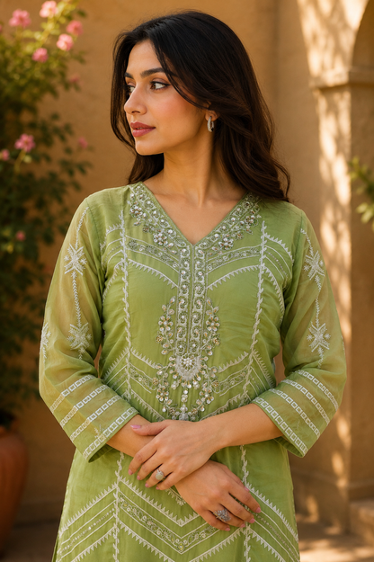 Zahra-E-Noor - Sage Green Embroidered Suit
