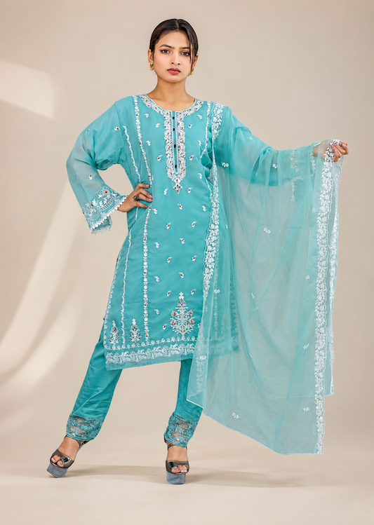 Aqua Chikankari Pearl-Embroidered Suit