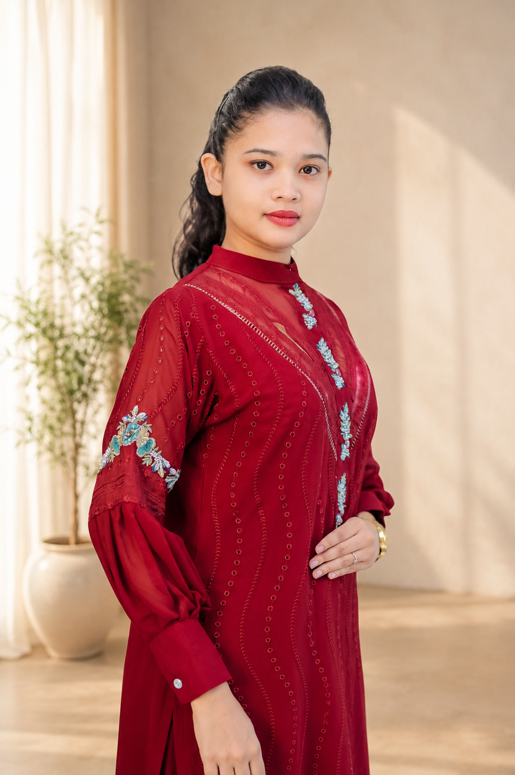 Wine Chiffon Suit with Blue Rose Print Dupatta
