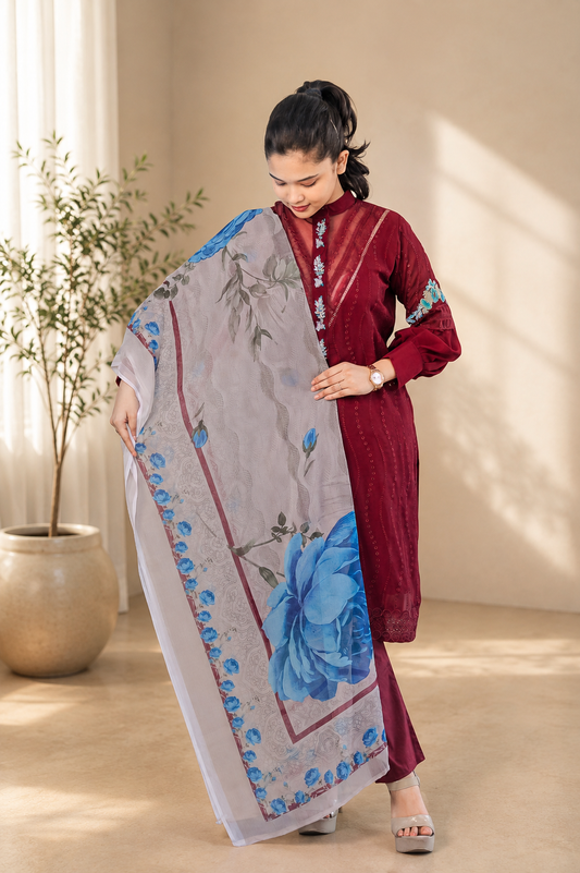Wine Chiffon Suit with Blue Rose Print Dupatta
