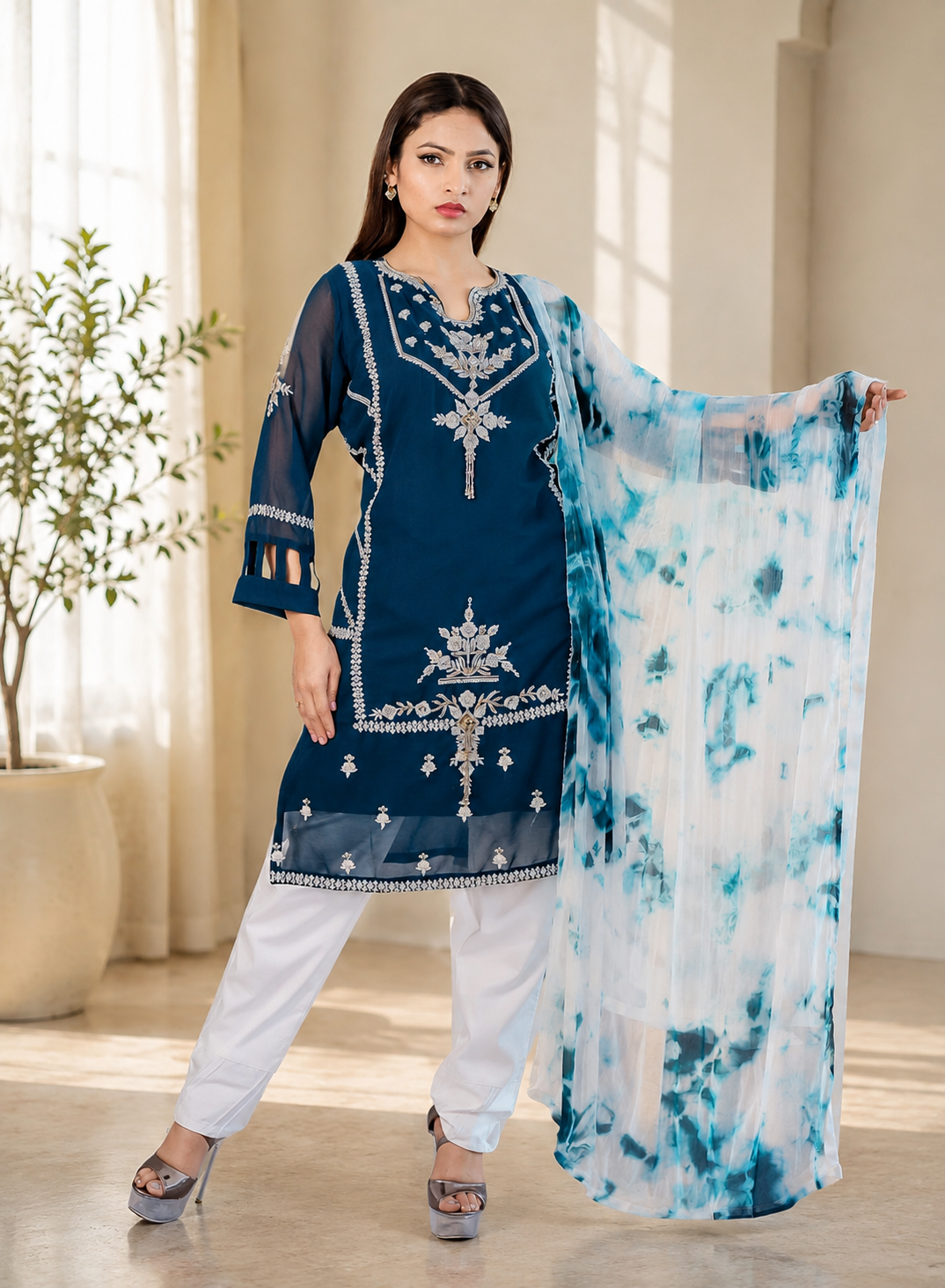 Petrol Teal Embroidered Suit with Tie-Dye Dupatta