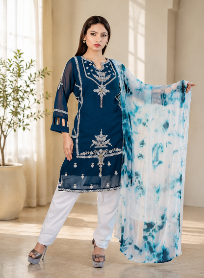 Petrol Teal Embroidered Suit with Tie-Dye Dupatta
