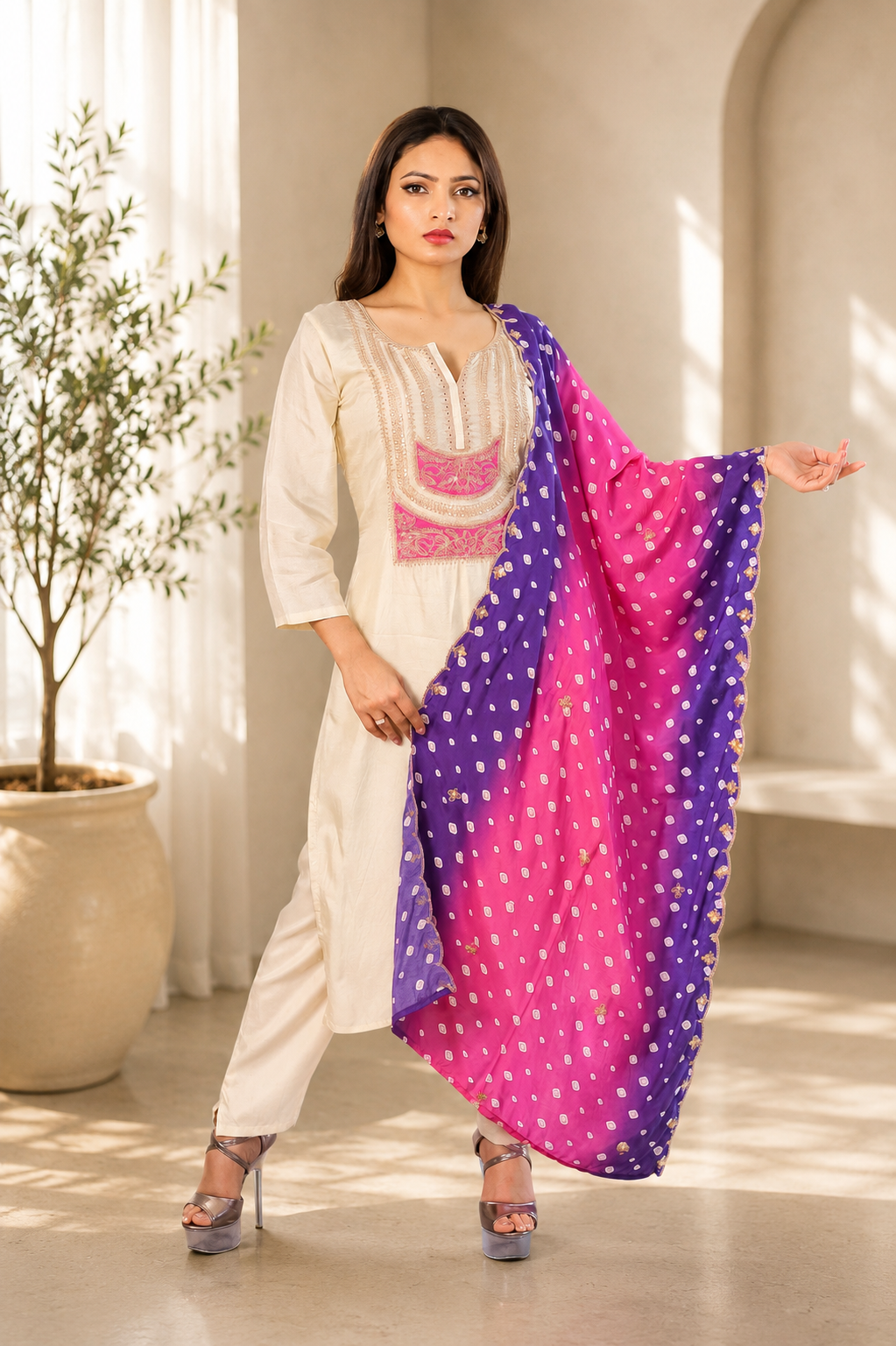Cream Kurta with Bandhani Ombre Dupatta