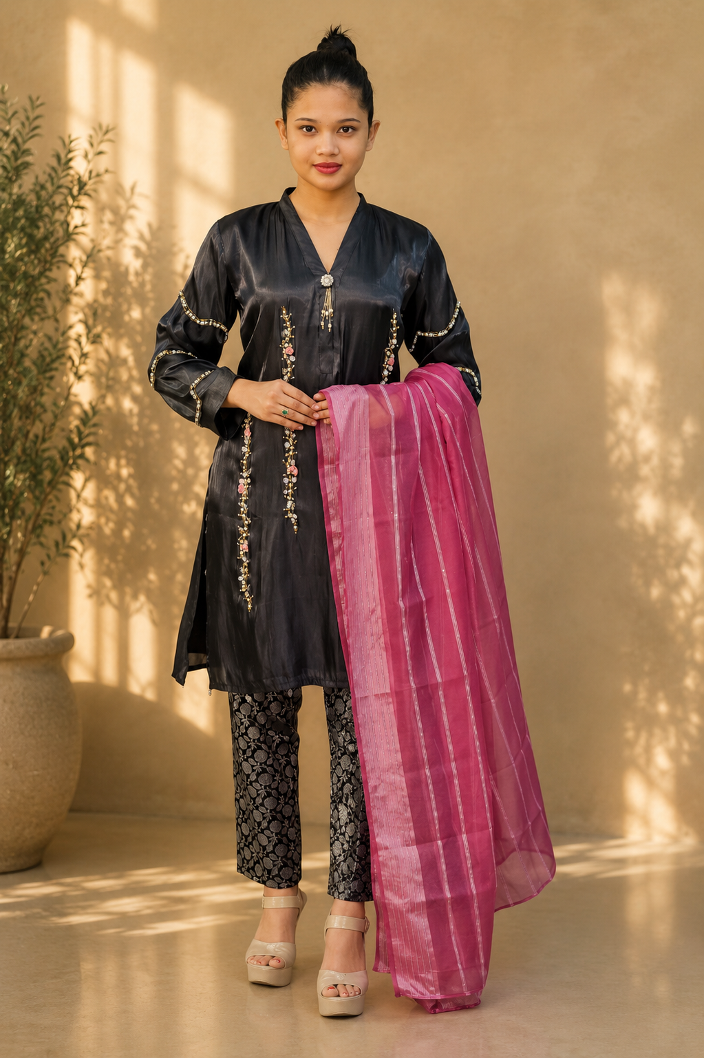 Satin Suit with Stylish Embroidery Suit
