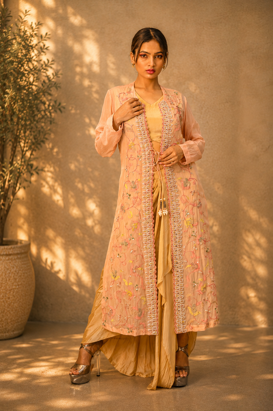Meher-e-Noor - Embroidered Jacket with Drape Skirt Set