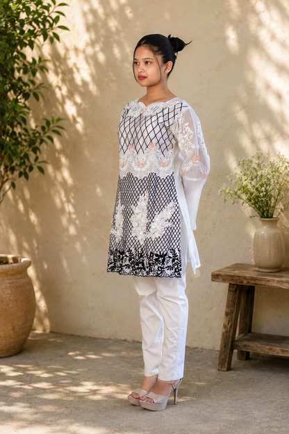 Ivory Lattice Embroidered Tunic Set