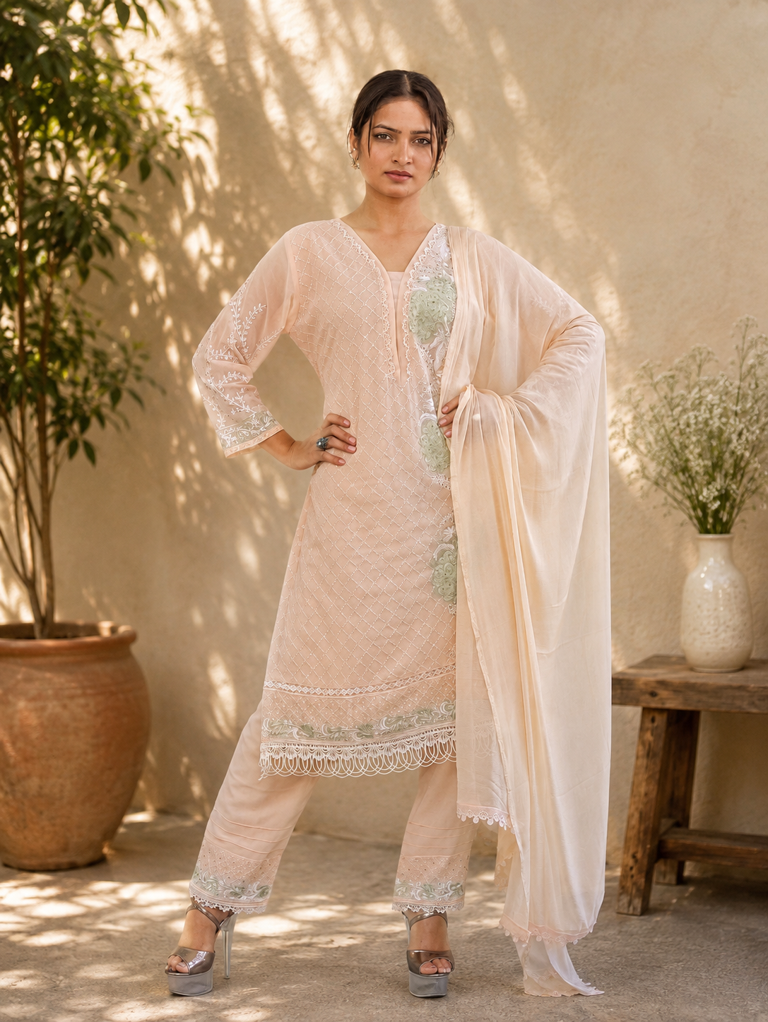 Blush Pearl Lattice Suit with Mint Lace Accent