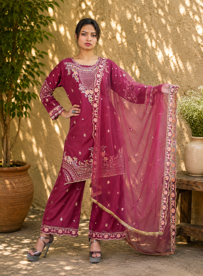 Floral Embroidered Suit with Net Dupatta
