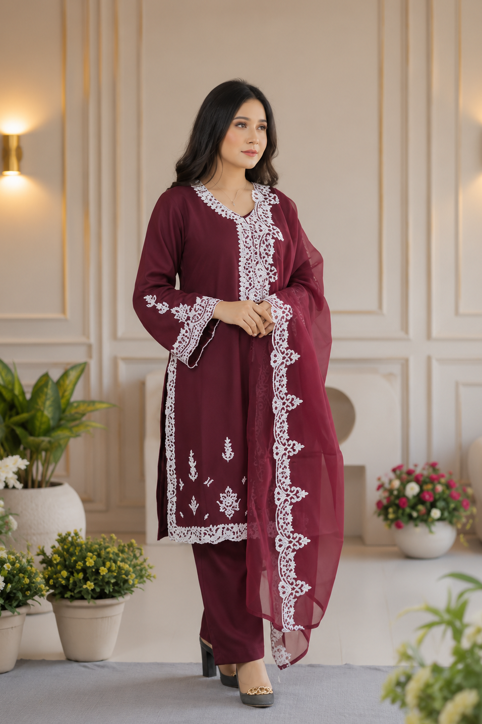 Elegant Pakistani Lace-Bordered Suit
