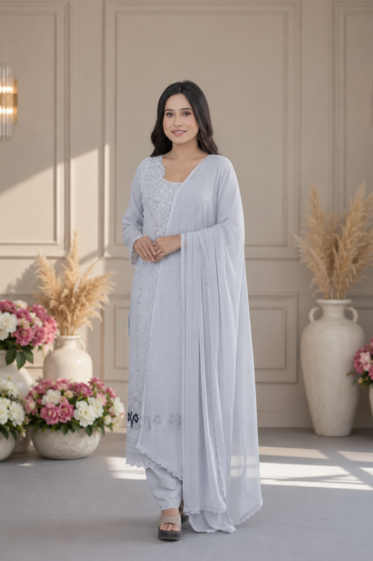 Embroidered Pakistani Suit Set with Chiffon Dupatta