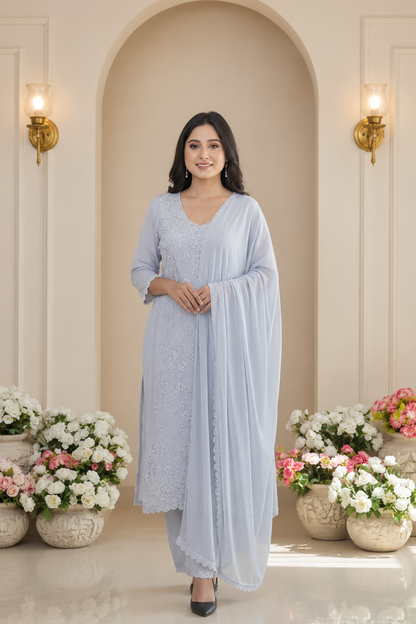 Embroidered Pakistani Suit Set with Chiffon Dupatta
