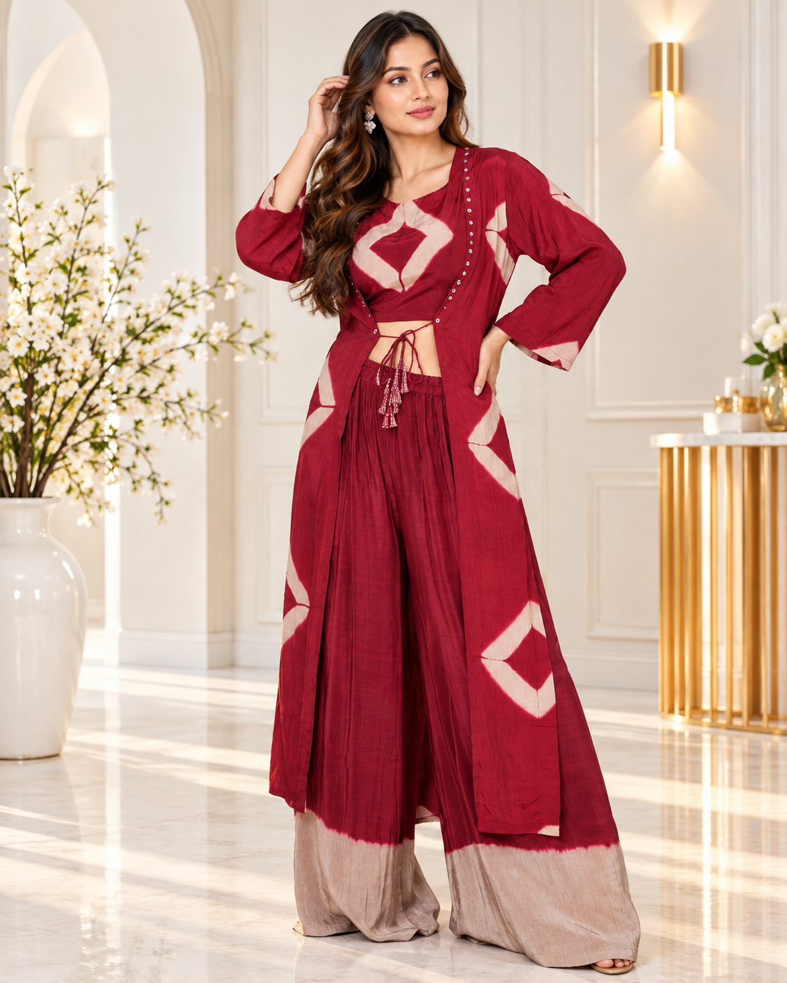Meher-e-Noor - Wine Shibori Cutout Waist Co-ord