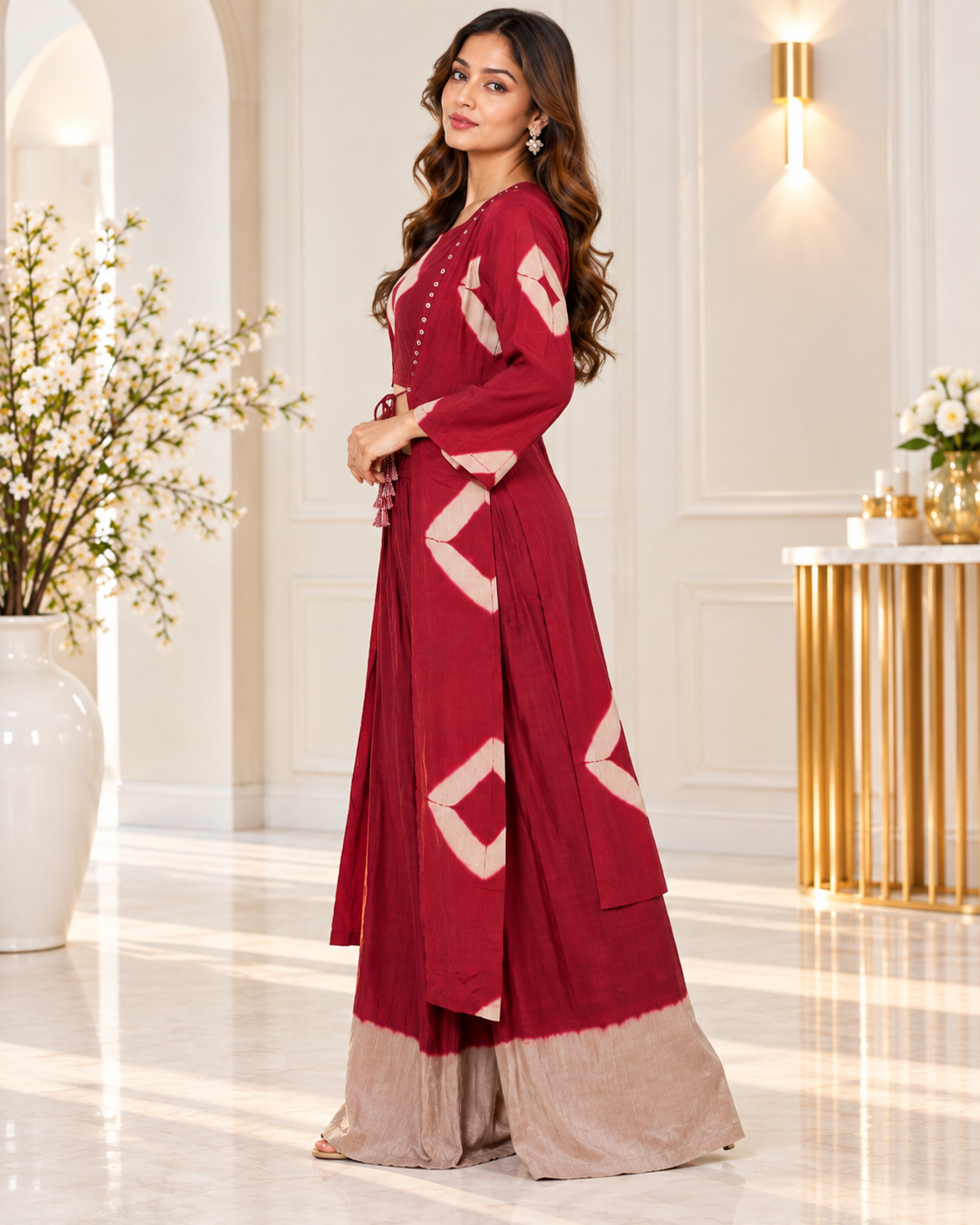 Meher-e-Noor - Wine Shibori Cutout Waist Co-ord