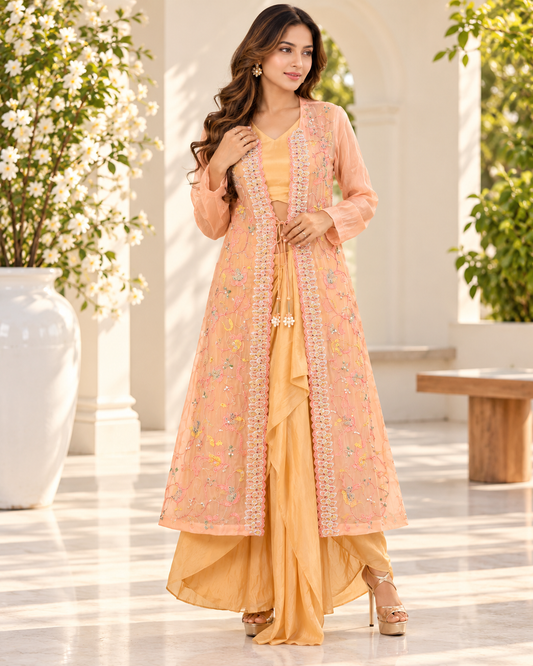 Meher-e-Noor - Embroidered Jacket with Drape Skirt Set