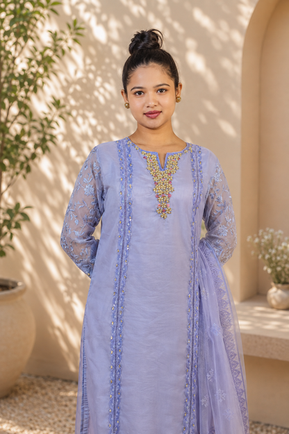 Pearl Embroidered Suit with Print Dupatta