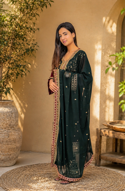 Colorblock Pakistani Kurta with Gold Embroidery