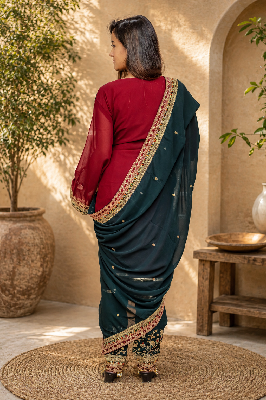 Colorblock Pakistani Kurta with Gold Embroidery