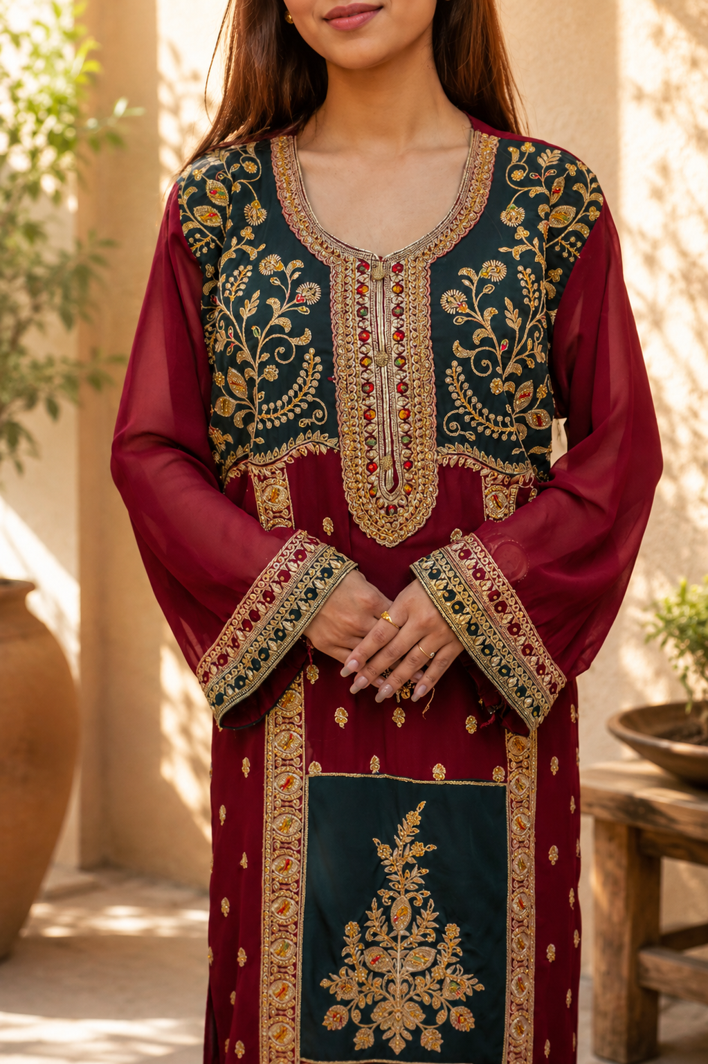 Colorblock Pakistani Kurta with Gold Embroidery