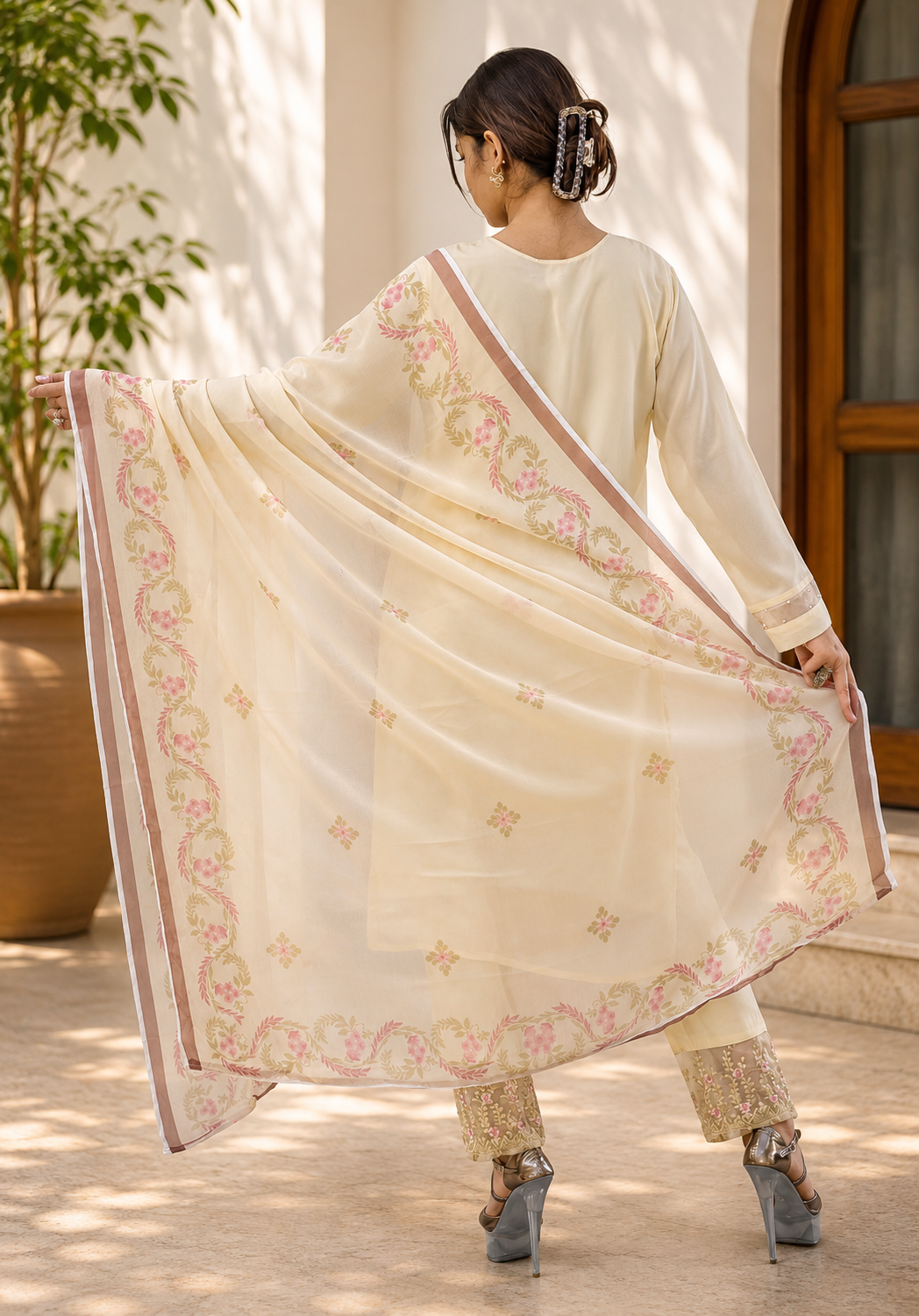 Cream Floral Embroidered Suit with Printed Dupatta